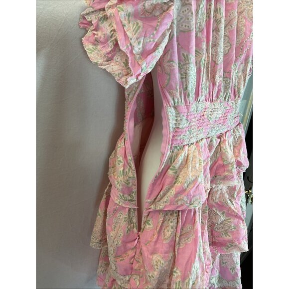 Olivaceous Dress size M Floral Tiered Cottage linen pink flounce flutter sleeve - Picture 6 of 13